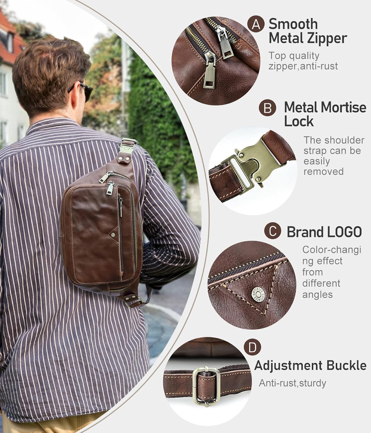 Top Grain Genuine Leather Slim Fanny Pack for Man & Woman, Vintage Design & 5 Pockets & Adjustable Strap, Fully Handmade, Large Capacity Waist Pack Crossbody Belt Bag for Travel or Ride, Red Coffee