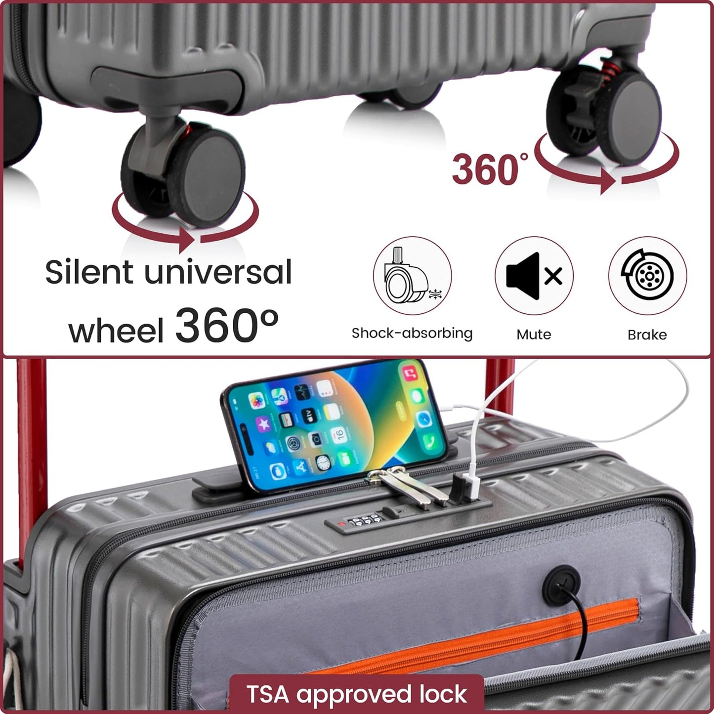 20 Inch Carry On Luggage with Spinner Wheels,PC Hard Shell Suitcase with USB Port,Lightweight Travel Luggage Airline Approved for Men Women (Iron Gray)