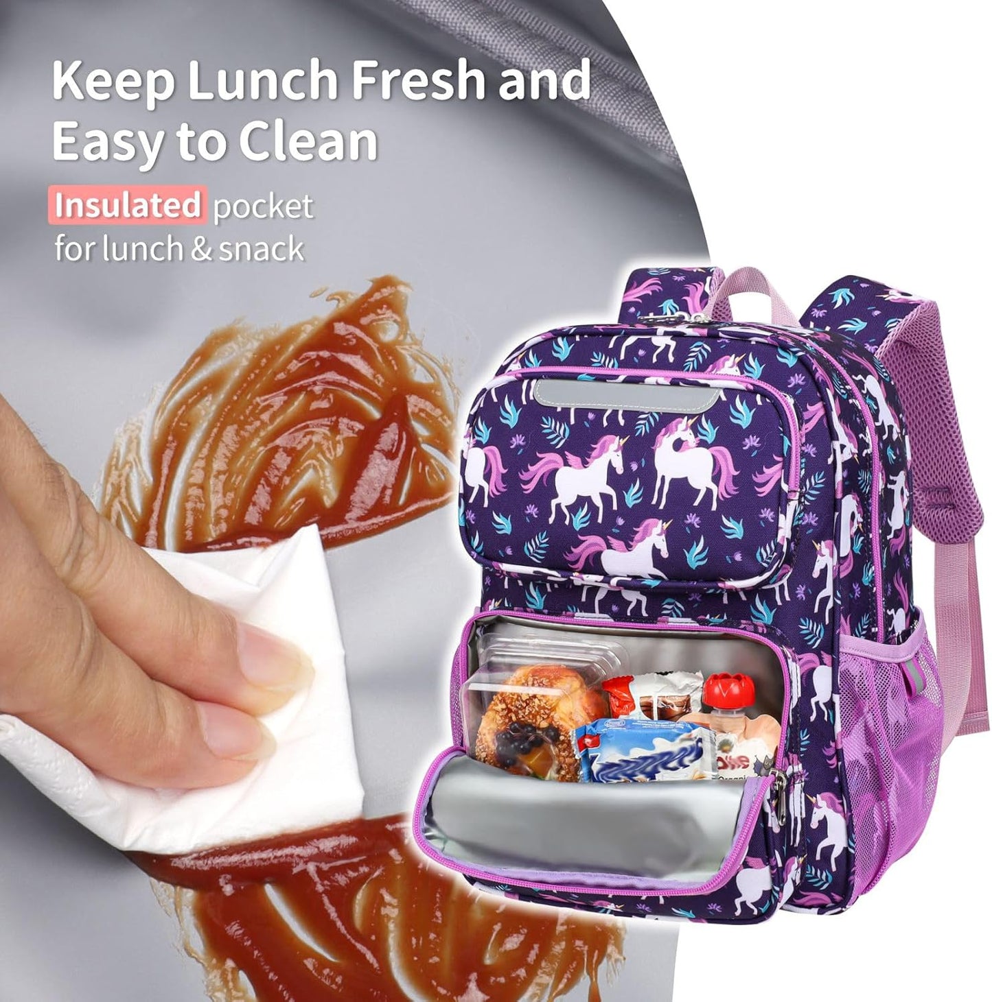 Kids Backpack for Girls - 15 Inch Backpack for Kids 3 to 8, Lightweight Bookbag for Preschool Kindergarten Elementary School, Insulated Pocket, Safe Reflective Stripe, Deep Purple Unicorn