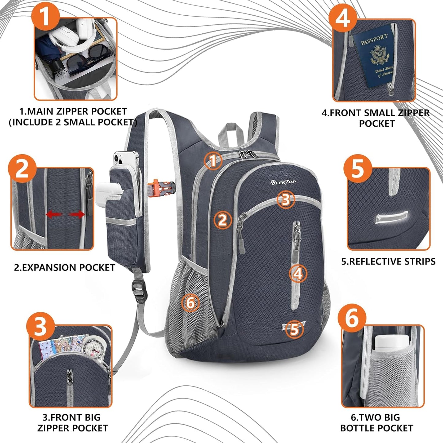 Seektop Small Hiking Backpack 12L to 15L Expandable Travel Packable Waterproof Daypack Lightweight Hiking Bag for Women Men