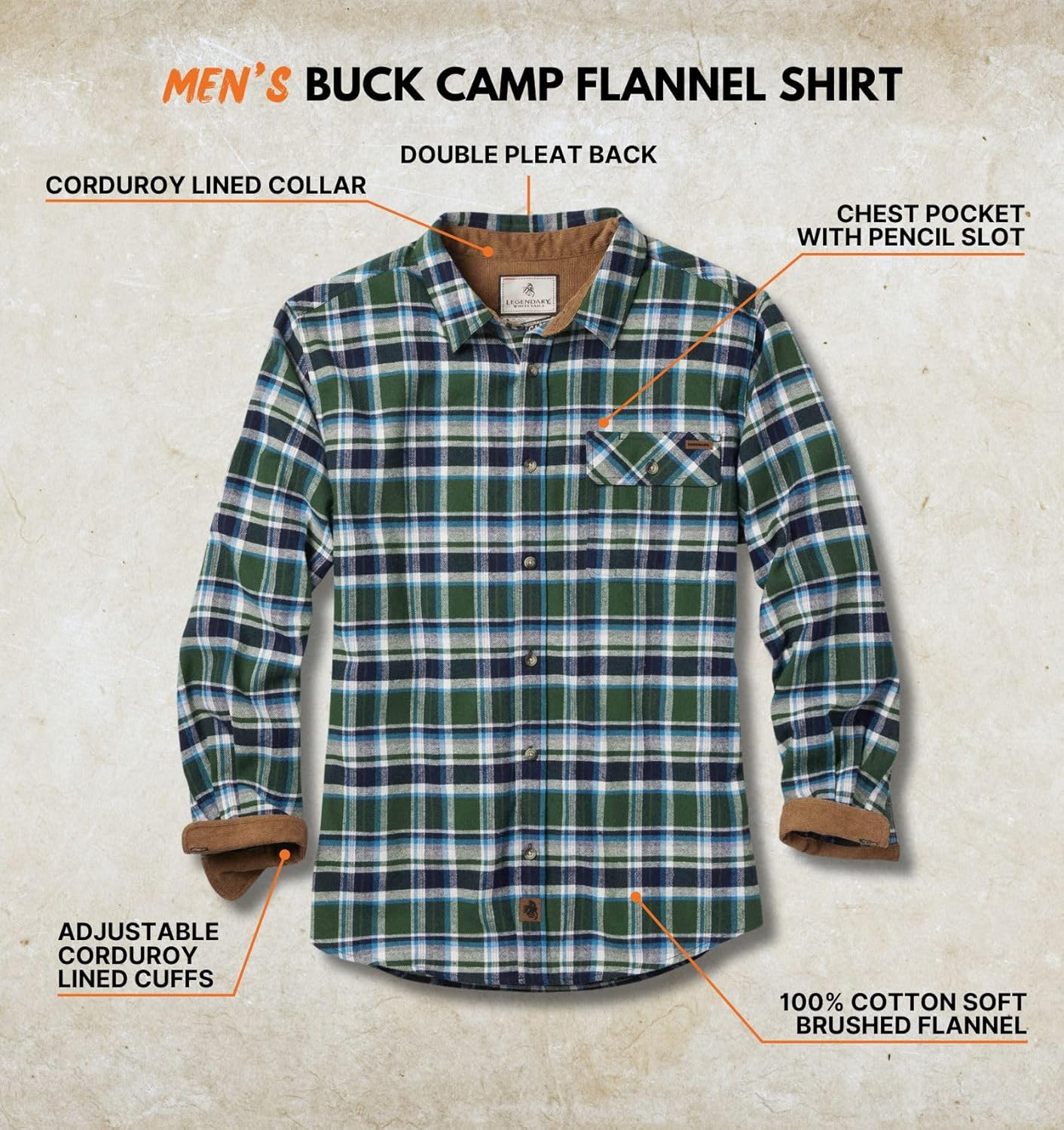 Legendary Whitetails Men's Flannel Shirt Long Sleeve Button Down 100% Cotton