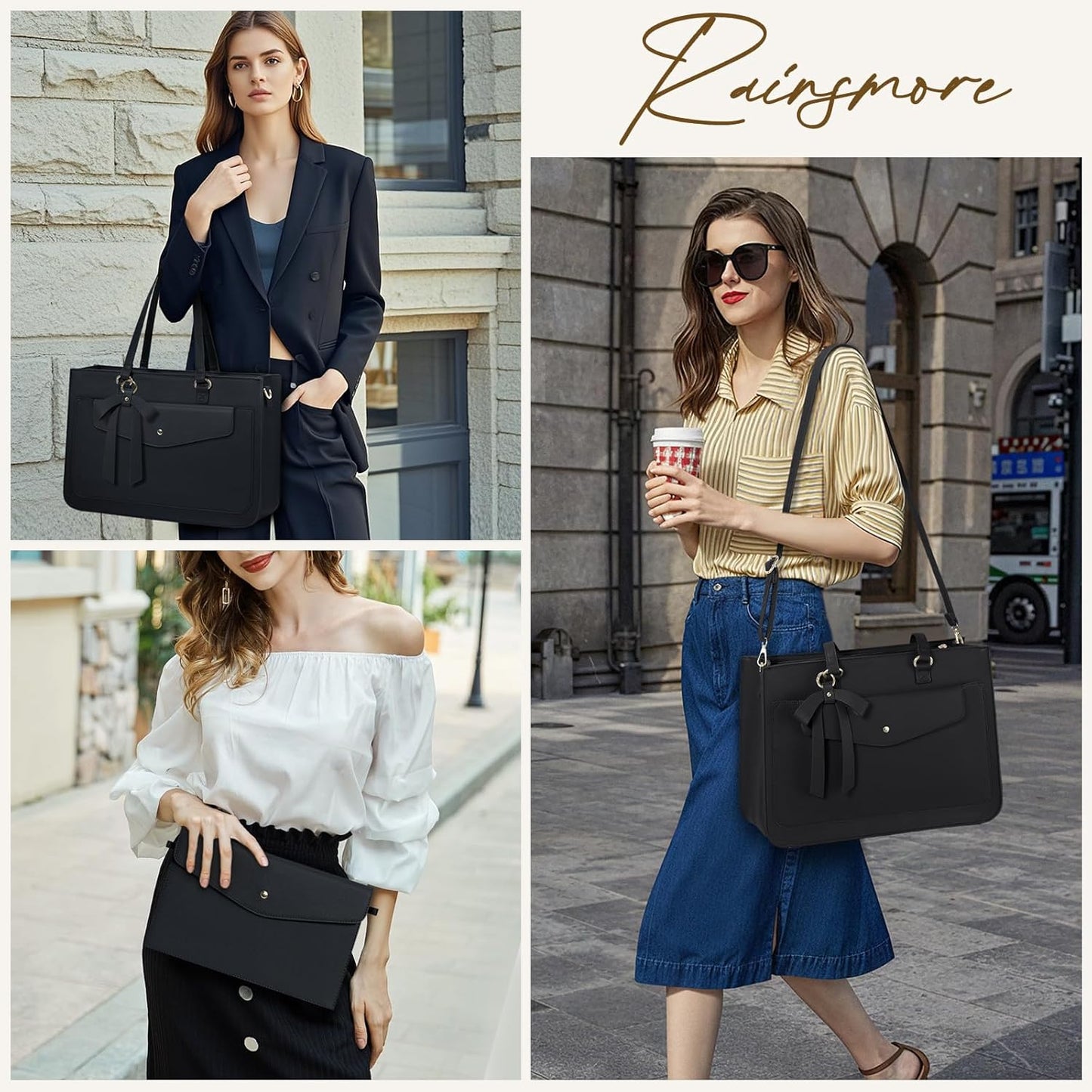 RAINSMORE Laptop Bag for Women 15.6 Inch Work Tote Bags Leather Laptop Tote Waterproof Computer Bag Professional Office Business Briefcase Large Handbag for College Teacher Travel, Black