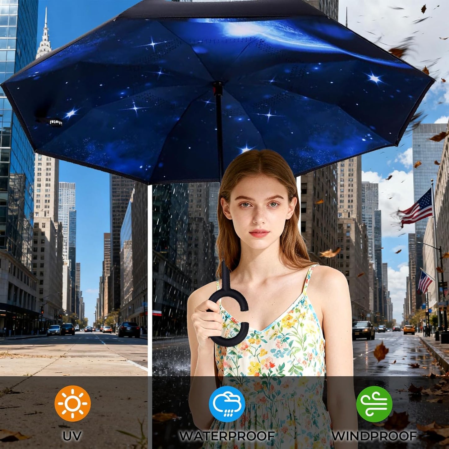 Inverted Umbrella, 49 Inch Double-Layer Vented Reverse Umbrella, Windproof Waterproof UV Protection, Lightweight C-Handle, Fiberglass Ribs, Steel Shaft, Travel/Commute/Car Use, With Sleeve