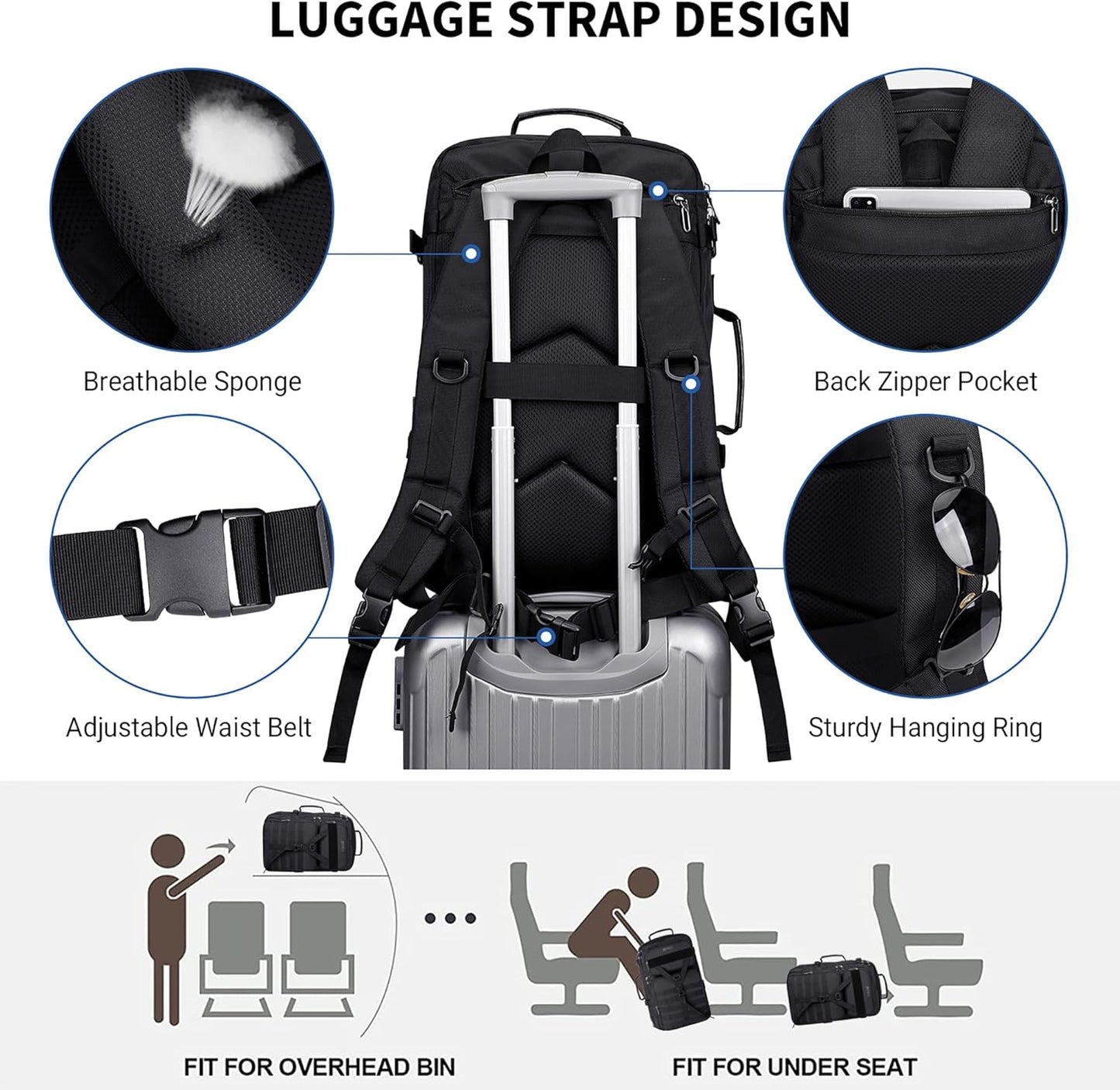 WITZMAN Carry On Travel Backpack for Men Large Convertible 45L Fit 17 Inch Laptop Backpack 3 in 1 Bag for Airline Approved(B688 Black)