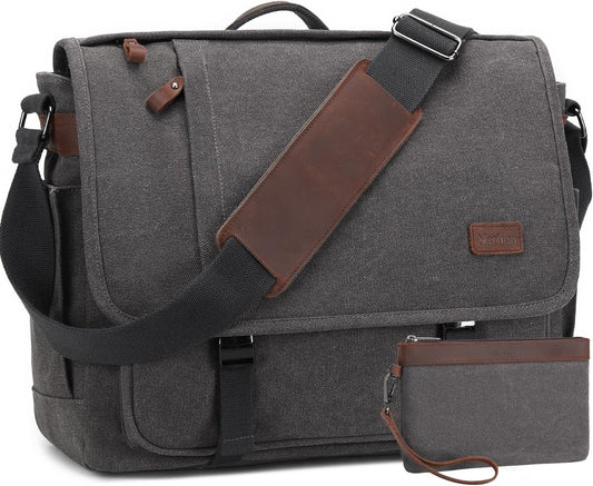 Nerlion Messenger Bag for Men 17-17.3 Inch Laptop Bag Canvas Water-resistant Computer Bag Shoulder Bag Work Briefcase Bookbag for College (Gray)