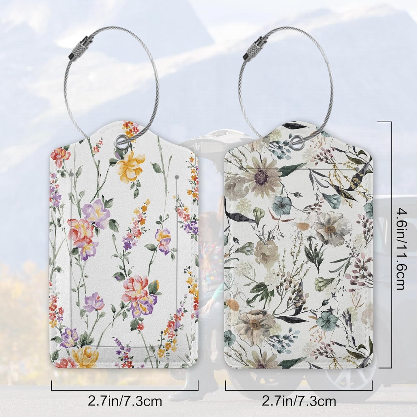 Vintage Floral 2 Pack Luggage Tag for Suitcase, Cute Unique Leather Bag Tags Identifiers Privacy Cover ID Label with Durable Steel Loop for Women Men Kids Girls Travel