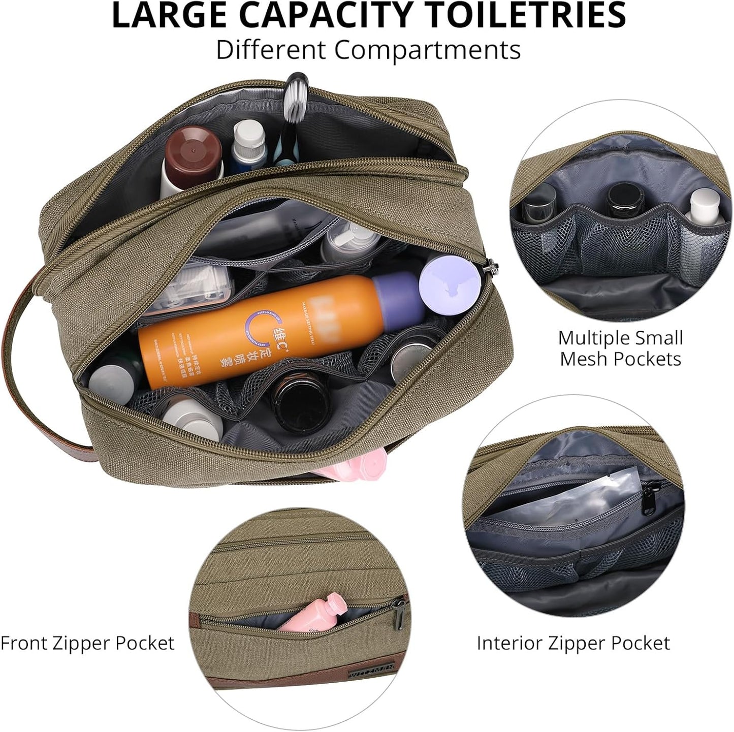WITZMAN Canvas Toiletry Bag for Men Hanging Dopp Kit Organizer Water-resistant Travel Toiletries bag Men Bathroom Bag with Wet Pocket(A8001 Army Green)