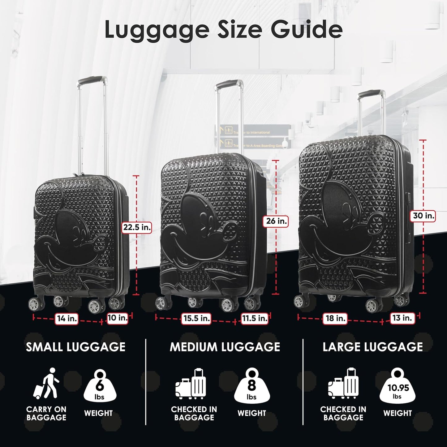 FUL Disney 3 Piece Rolling Luggage Set, Hardshell Suitcases with Spinner Wheels, Mickey Mouse-Black