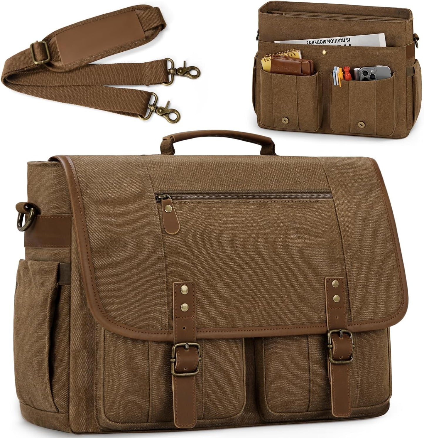 RAINSMORE Mens Messenger Bag 17-17.3 Inch Vintage Canvas Briefcase Water-resistant Large Computer Laptop Bag Rugged Satchel Shoulder Bag for Work Travel, Bookbag for College