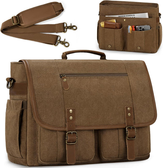 RAINSMORE Mens Messenger Bag 17-17.3 Inch Vintage Canvas Briefcase Water-resistant Large Computer Laptop Bag Rugged Satchel Shoulder Bag for Work Travel, Bookbag for College