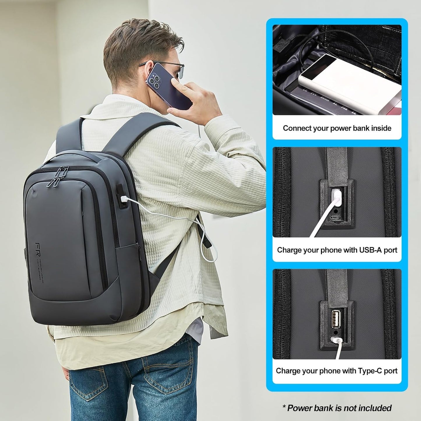 FENRUIEN Business Travel Backpack, Expandable Computer Backpack with USB Port, Gray Laptop Backpack 15.6 Inch for College/Work