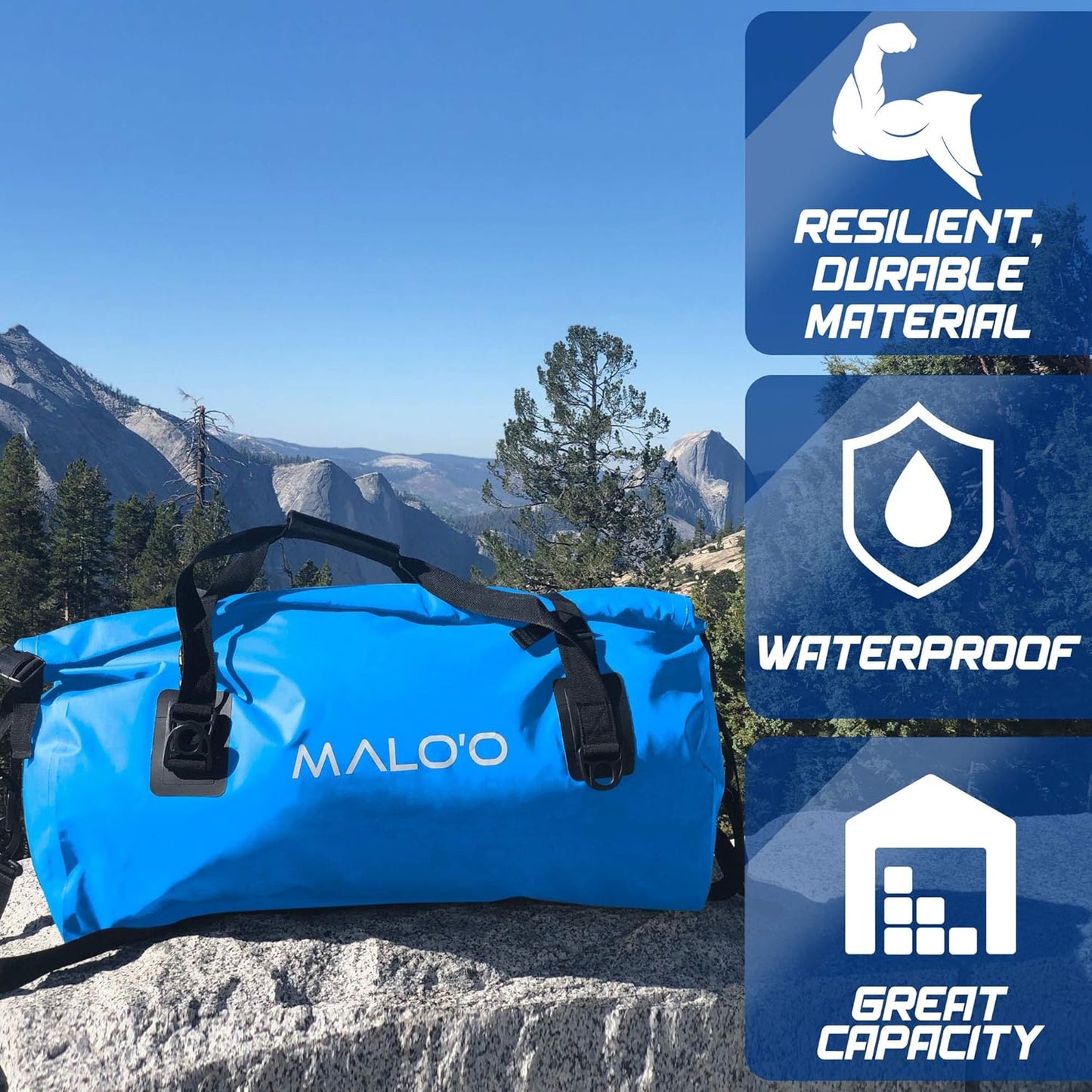 Malo’o Waterproof Dry Duffel, Heavy-Duty Roll Top Waterproof Gear Bag with Shoulder Strap & Molle Loops, Marine Duffel for Kayaking, Boating, Camping, Beach & Travel, Blue, 40L