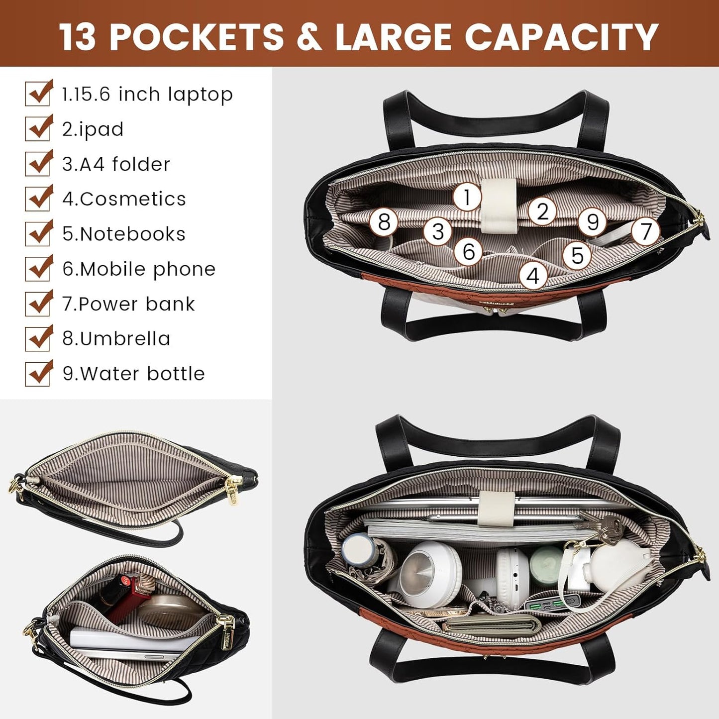 LOVEVOOK Laptop Bag for Women 15.6 inch,Diamond Quilted Work Tote Bags Womens Computer Shoulder Bags,Stylish Travel Tote Bags Laptop Purse Briefcase Handbag with Clutch Purse,Brown-Black-White
