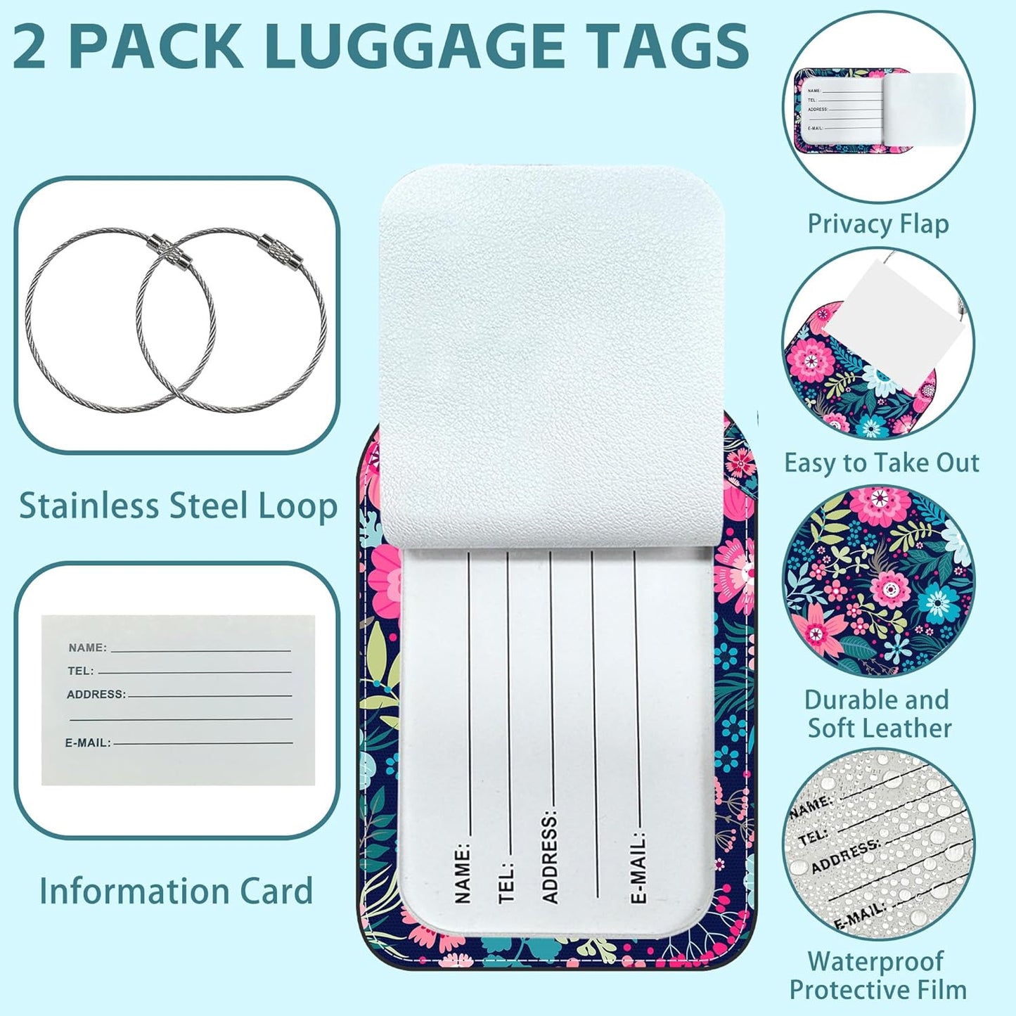 2 Pack Cute Luggage Tag for Suitcases Beautiful Flower Leather Luggage Tags with Stainless Steel Loop Privacy Flap Name Tags,Men and Women Travel Bag Suitcase Tags