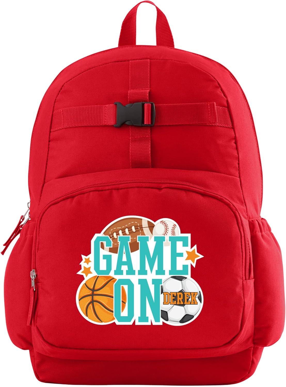Let's Make Memories Kids Backpack for School - Personalized Back to School - Bookbag with Optional Lunch Box - Red - Sports - Game On