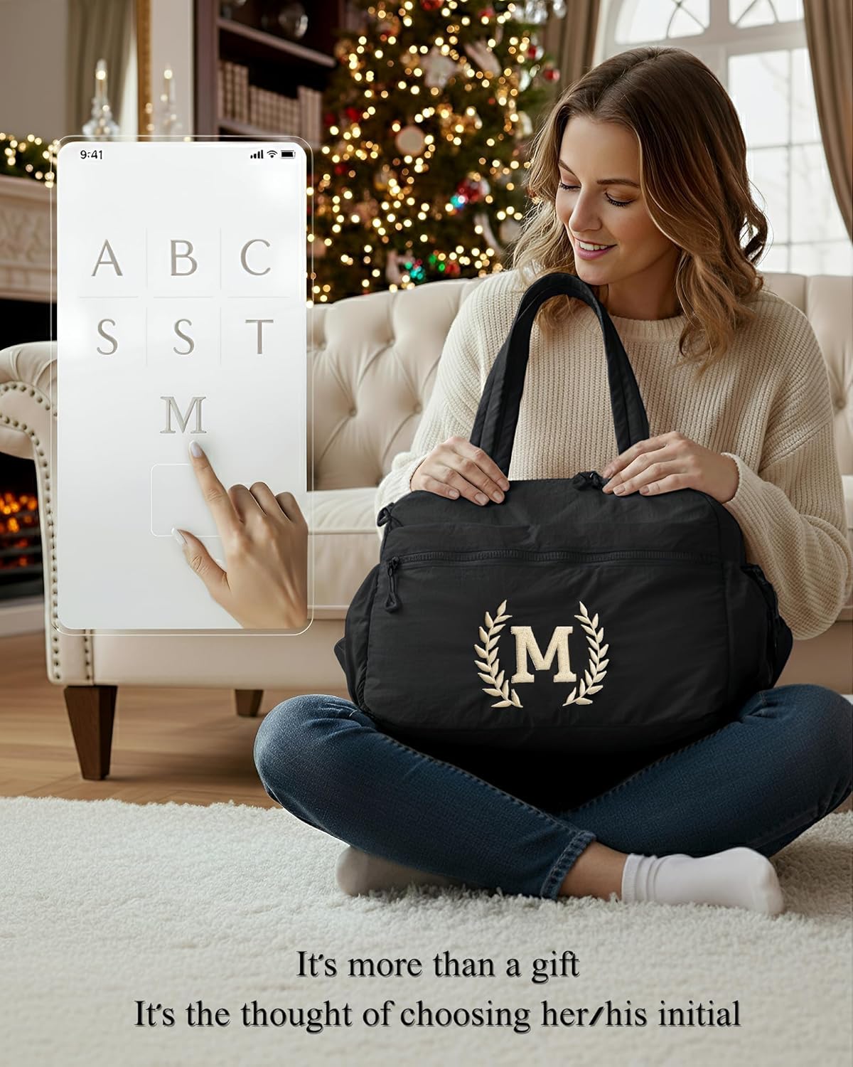 Gym Duffle Bag for Women – Embroidered Custom Initial Sports Bag for Men – Personalized Travel & Workout Duffel with Luggage Sleeve – Thoughtful Gift for Mom, Girl, Daughter, Mother (Black, M)