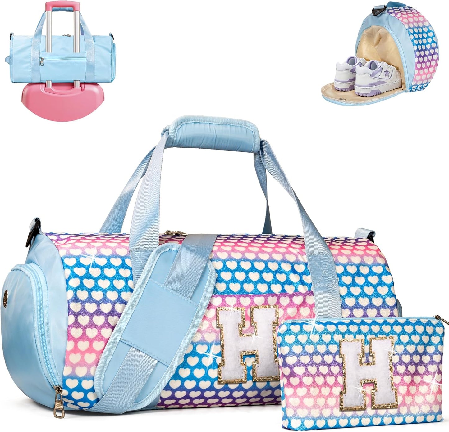 Christmas Gift for Kid, Girls Travel Duffel Bag, Kids Initial Overnight Bags with Shoe Compartment, Initial Duffle Bag with Makeup Pouch, Birthday Gifts for Toddler (Letter H)