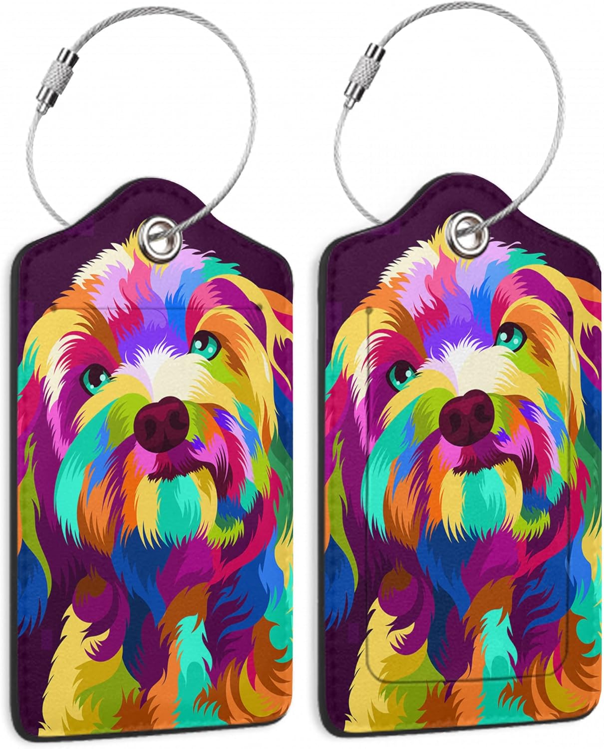 Luggage Tags for Suitcase,2 Pack Colorful Dog Abstract Luggage Tag PU Leather Privacy Cover ID Label with Stainless Steel Loop for Women Men Teens Travel