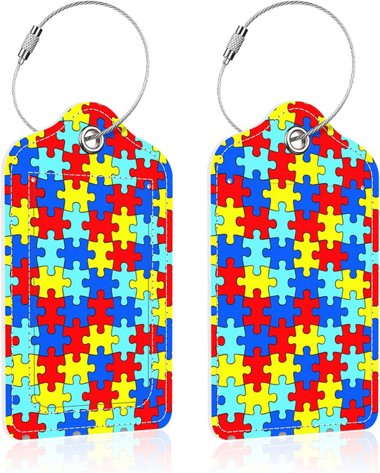 2 Pack Luggage Tag for Suitcase,Autism Awareness PU Leather Suitcase Tags Identifiers with Privacy Name Address Labels and Steel Loop for Women Men Travel