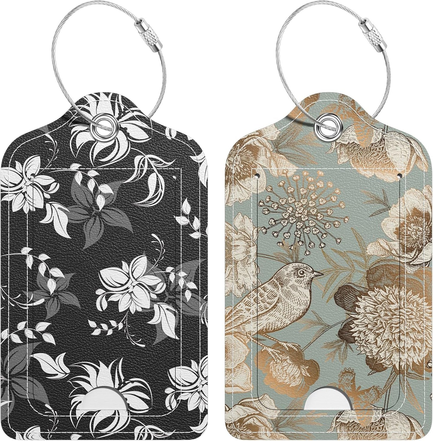 2 Pack PU Leather Luggage Tags for Suitcase, Travel Cruise Luggage Tag with Privacy Flap, Name ID Label and Metal Loop for Women Men Baggage Handbag School Bag Backpack, Flowers Bird