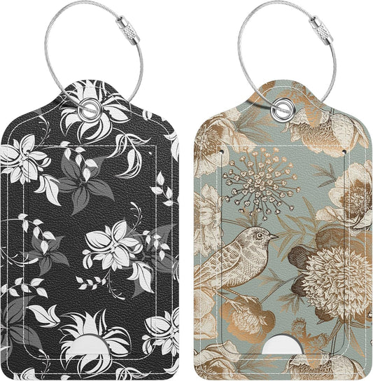2 Pack PU Leather Luggage Tags for Suitcase, Travel Cruise Luggage Tag with Privacy Flap, Name ID Label and Metal Loop for Women Men Baggage Handbag School Bag Backpack, Flowers Bird