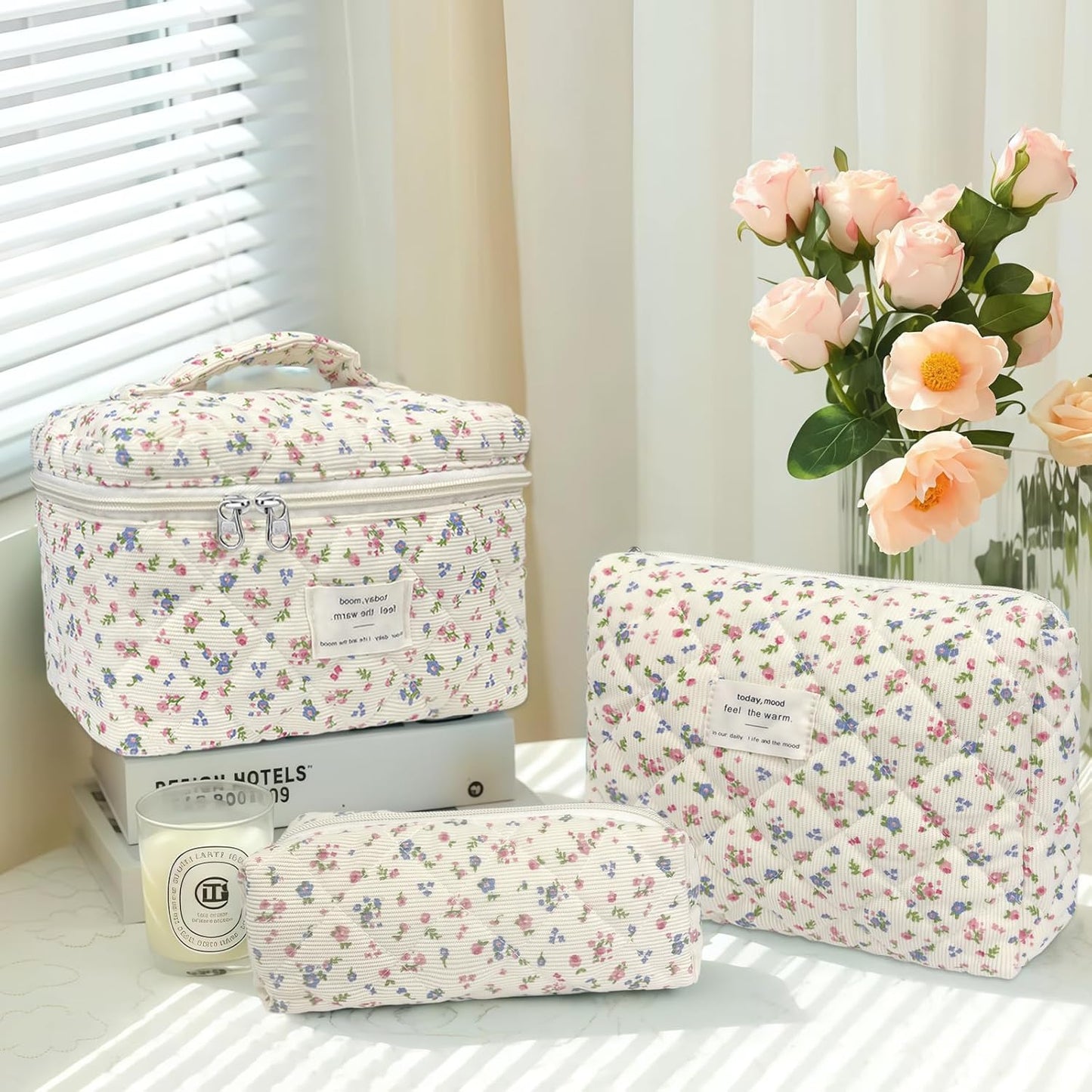 Quilted Makeup Bag, Large Capacity Travel Cosmetic Bag for Women and Girls, Aesthetic Storage for Daily and Travel Use (3pcs- Pinkditsyfloral)