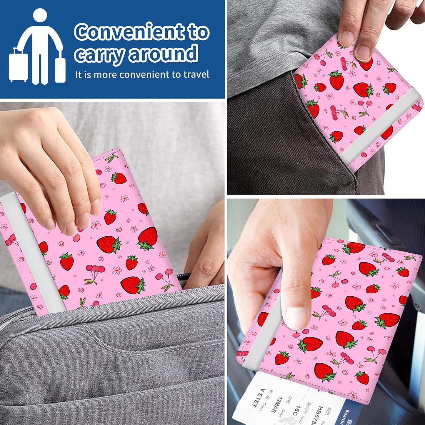 Passport Holder for Travel Essentials, Leather RFID Blocking Passport Wallet Cover Case, Cute Passport Book Holders for Women and Men Cute Pink Strawberry