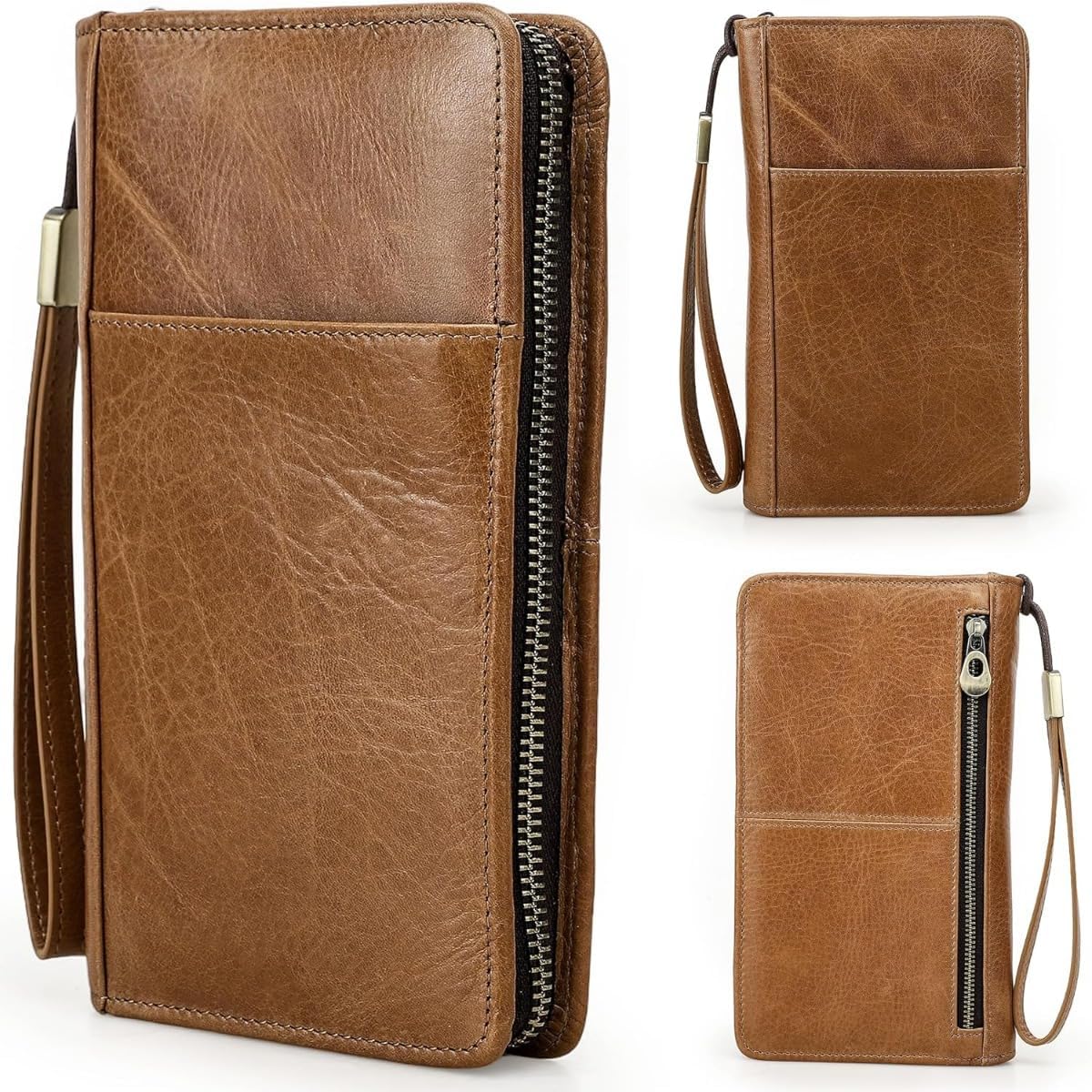 Unisex Genuine Leather Wallet Large Capacity RFID Blocking Passport Holder with Multiple Card Slots (Brown)