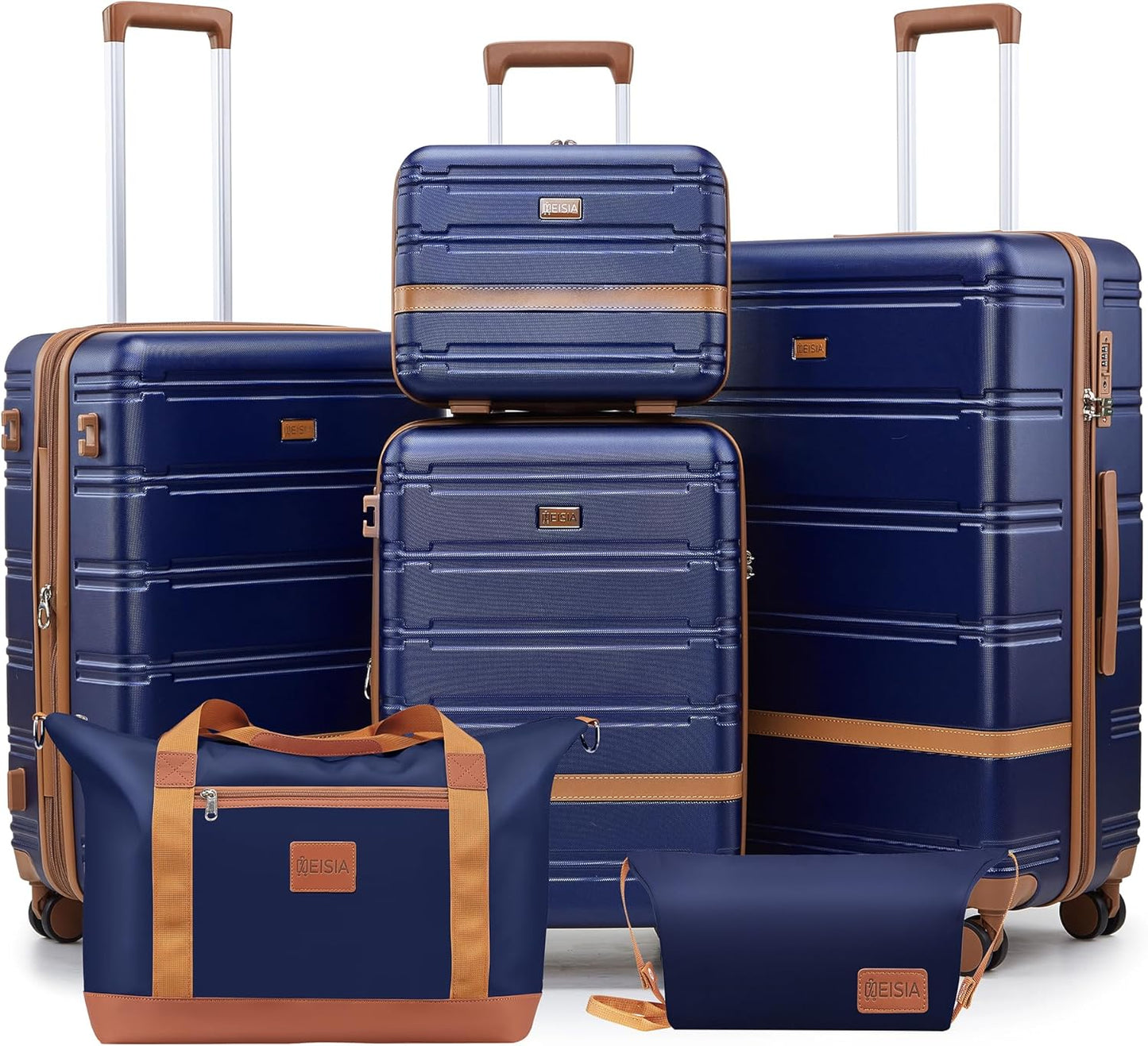Luggage Sets with spinner wheels, PC+ABS Hard Shell Travel Expandable Luggage,Lightweight Carry-on suitcases with TSA Lock,YKK Zippers (Navy, 6 piece set(14/20/24/28/DB/TB))