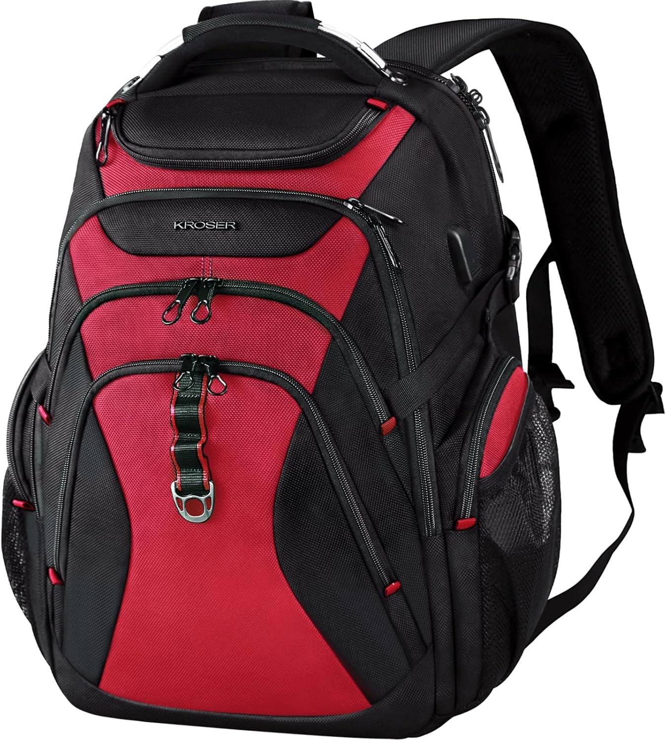 KROSER Travel Laptop Backpack 17.3 Inch XL Computer Backpack with Hard Shell Saferoom RFID Pockets Water-Repellent Business College Daypack Stylish Bag for Men/Women-Black Red