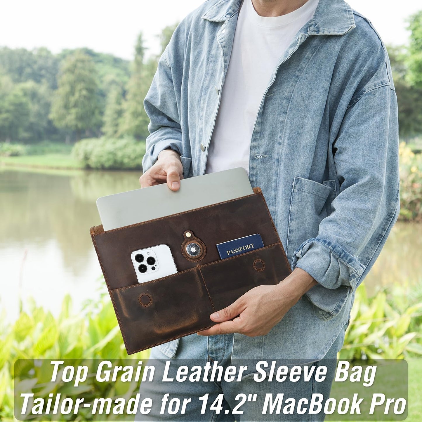 Top Grain Leather 14.2" Slim Laptop Sleeve Bag, Magnet Clasp Closure Style & 3 Pockets & Tracker Holder, Fully Handmade, Fits MacBook Pro/Air 14.2"/13.3"/Cellphone/Passport, Coffee 14.2 Inch