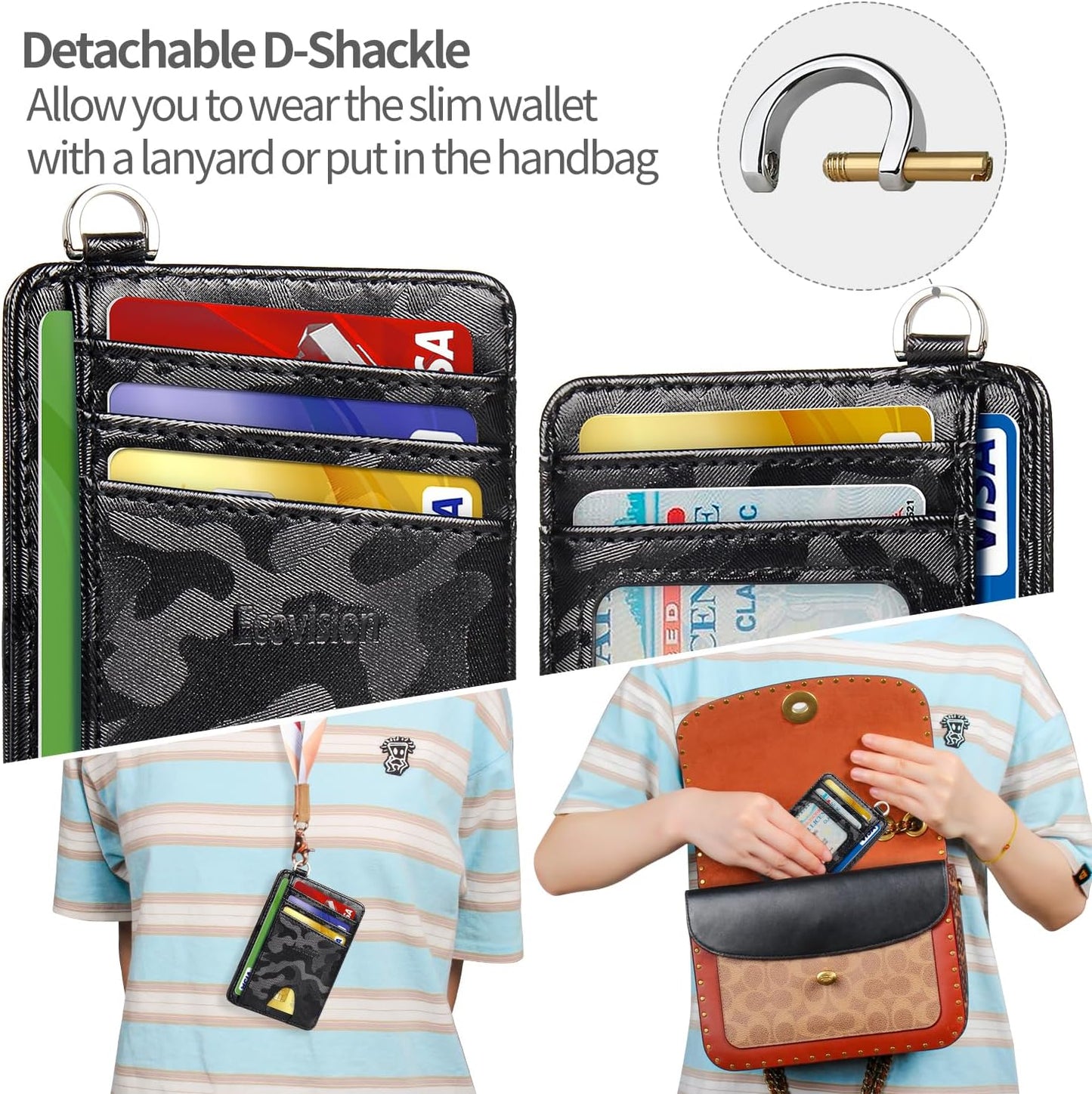 EcoVision Slim Minimalist Front Pocket Wallet, RFID Blocking Credit Card Holder Wallet with Detachable D-Shackle for Men Women