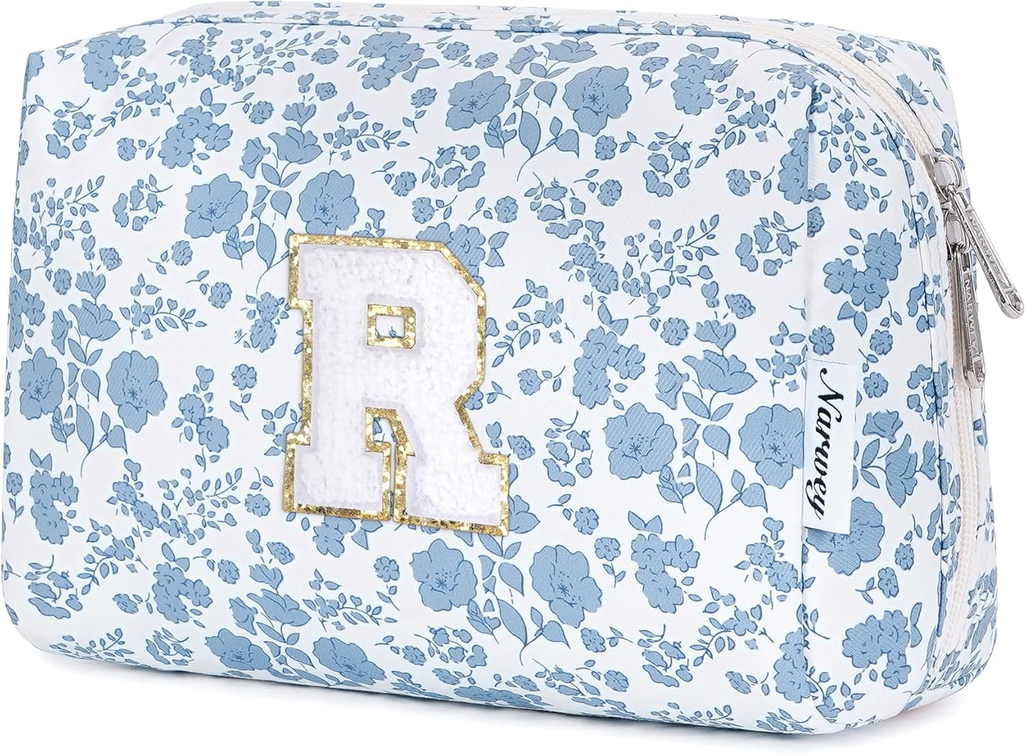 Narwey Birthday Gifts for Teen Girls Kids Women Personalized Initial Floral Makeup Bag Cute Cosmetic Trendy Stuff 6 8 10 11 12 13 14 16 18 Years Old Travel Toiletry Bag (Little Blue Flower R)