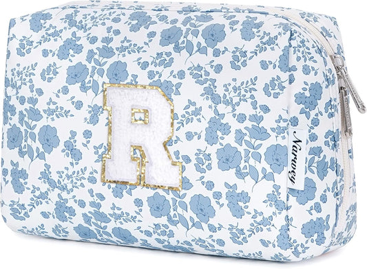 Narwey Birthday Gifts for Teen Girls Kids Women Personalized Initial Floral Makeup Bag Cute Cosmetic Trendy Stuff 6 8 10 11 12 13 14 16 18 Years Old Travel Toiletry Bag (Little Blue Flower R)