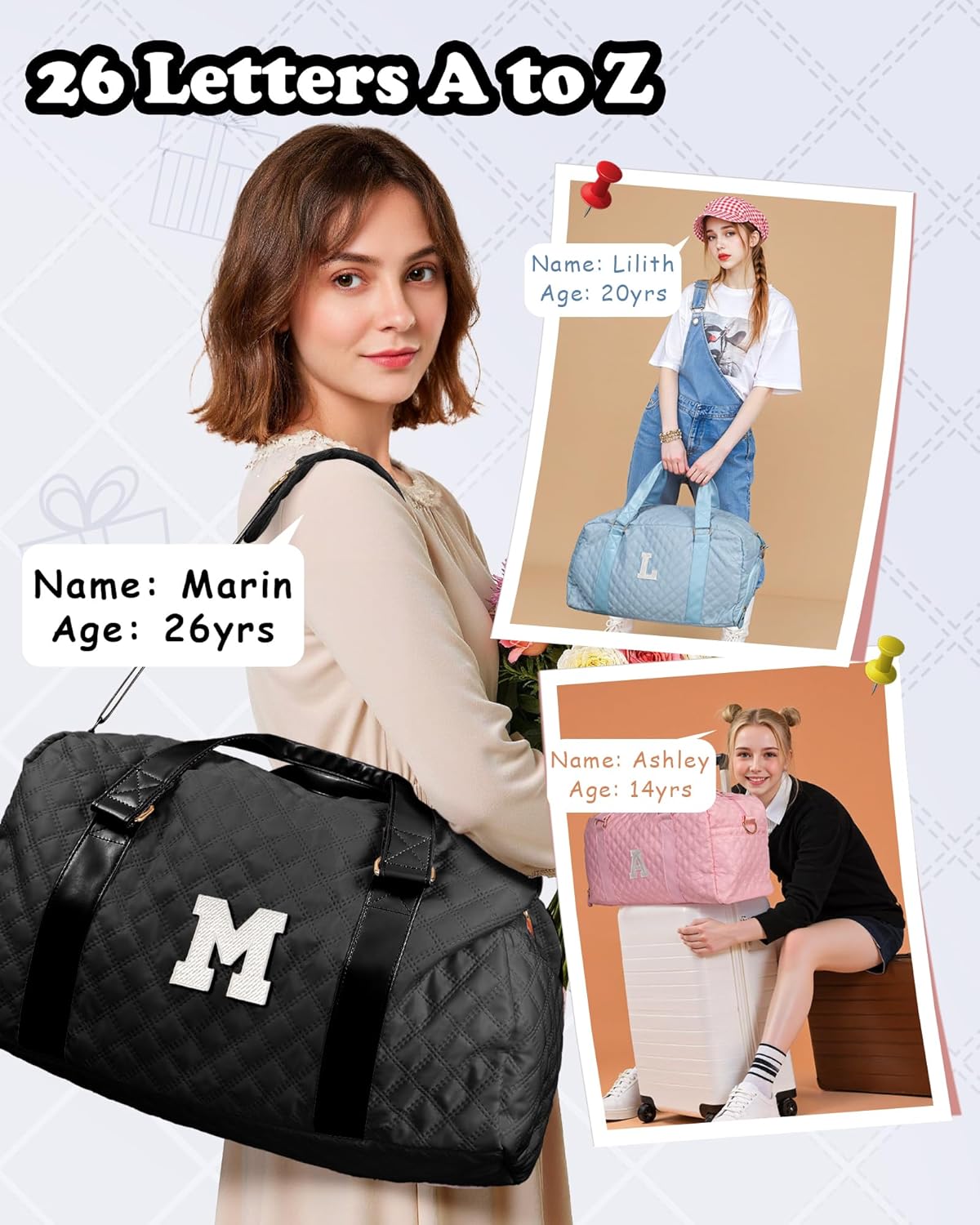 Initial Travel Duffle Bag Women Girls Gift: Personalized Weekender bags, Dance Cheer bag Sports for