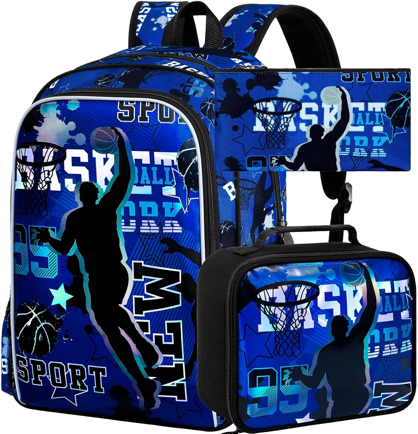 AGSDON 3PCS Boys Backpack, 17" Basketball Kids Bookbag with Lunch Box, Backpacks with Water Resistant and Lightweight for Teenagers