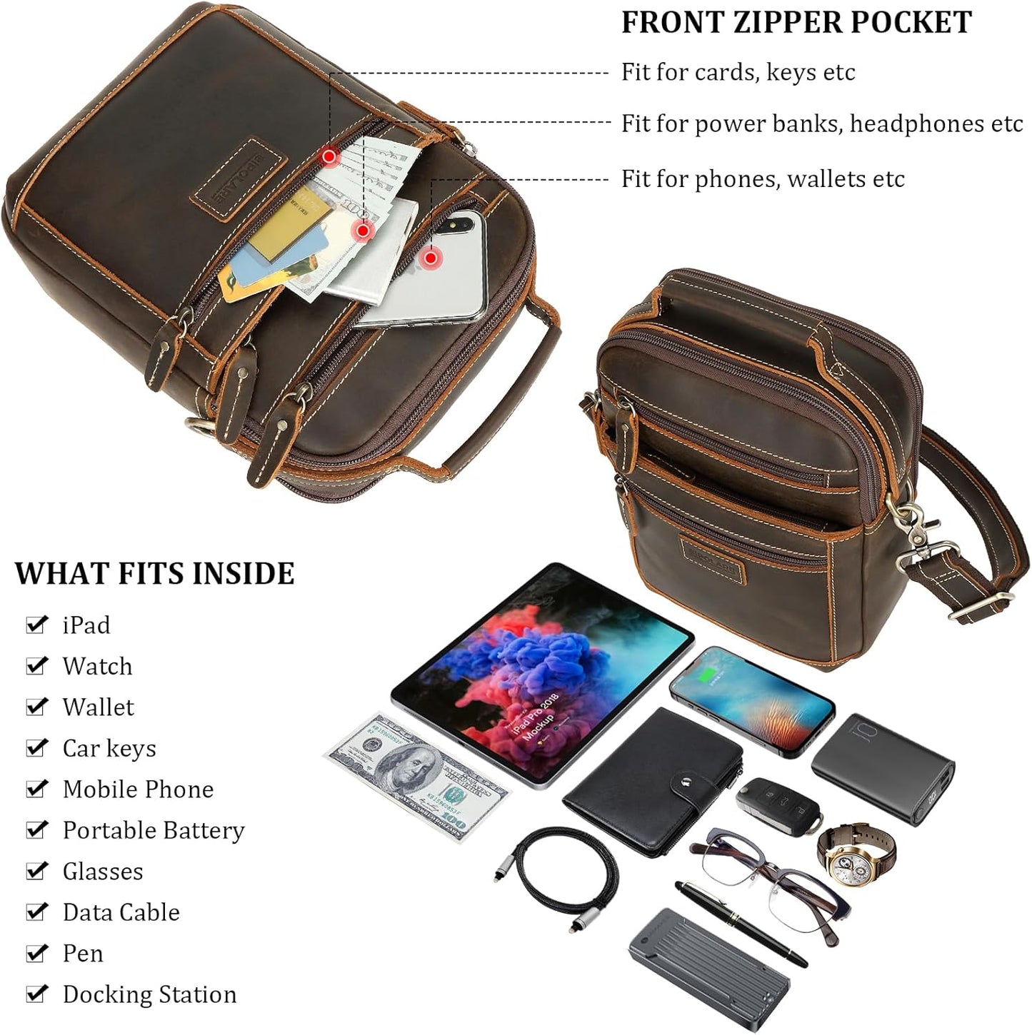 Polare Italian Full Grain Leather Messenger Bag Vintage Chest Shoulder Crossbody Bag Casual Sling Business Handbag for Men