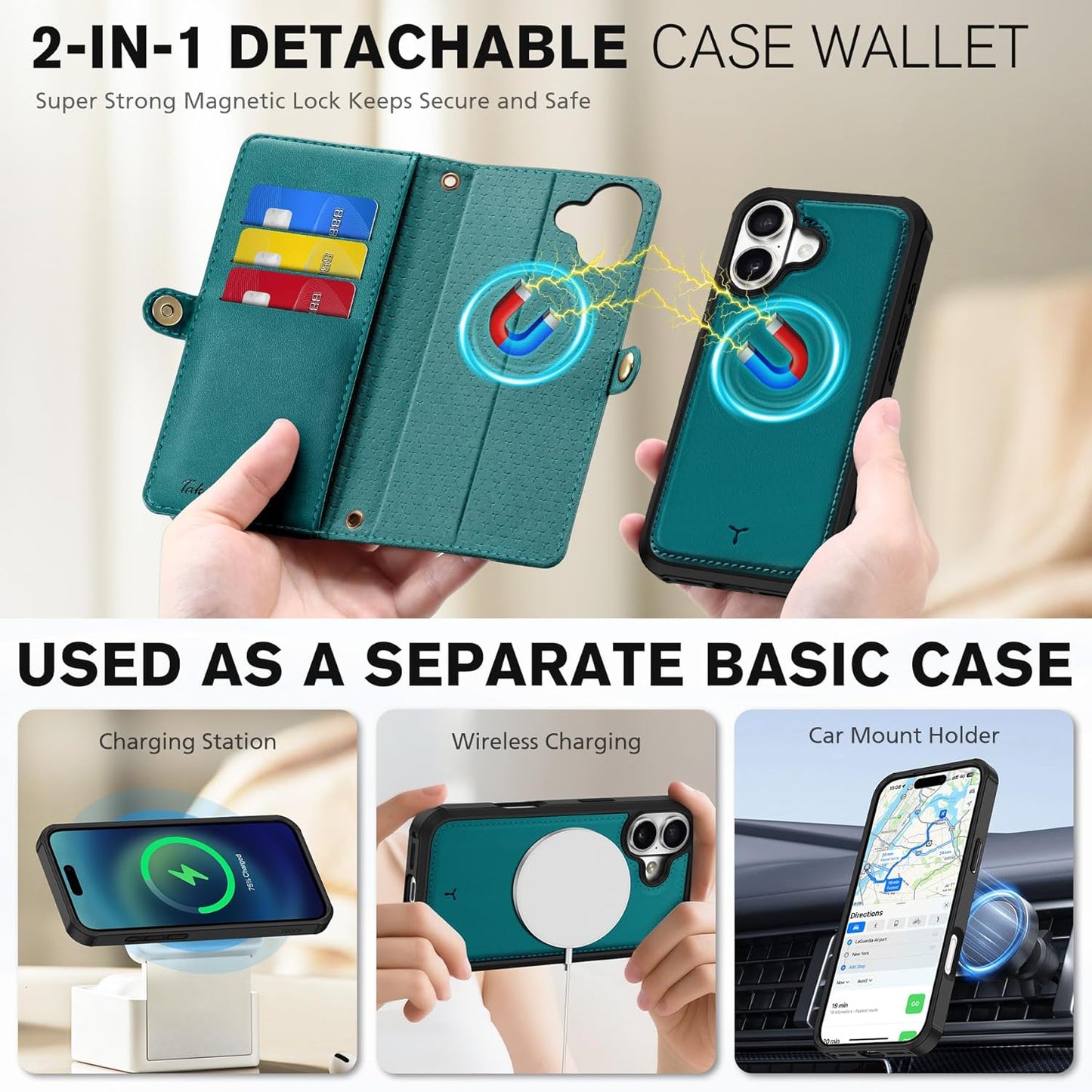 TUCCH Detachable Crossbody Wallet Case for iPhone 17 (6.3"), 9 Card Holders RFID Blocking | Lanyard | Wrist Strap | Wireless Charging | Zipper Pocket | PU Leather | Kickstand Flip Cover | Bluish Green
