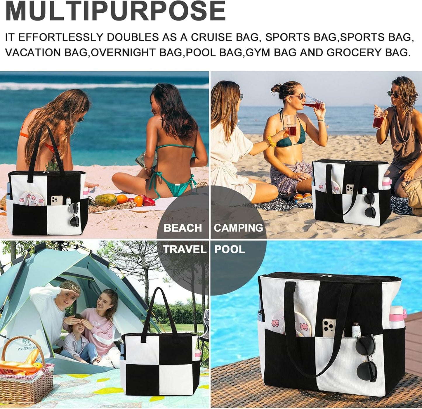 Bluboon Waterproof Beach Tote Pool Bags for Women Ladies Extra Large Carry On Bag With Wet Compartment for Weekender Travel