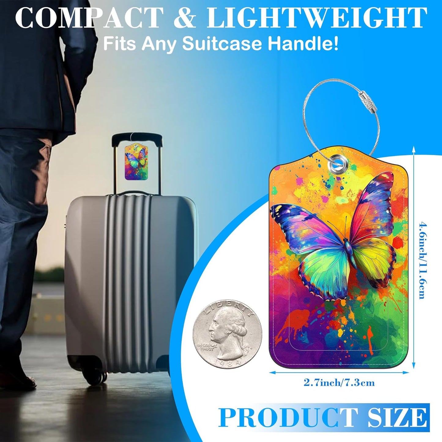 2 Pcs Luggage Tags for Suitcases, Colorful Butterfly Leather Bag Tags for Luggage Privacy Cover Name ID Label with Stainless Steel Loop Cruise Airport Travel Essentials
