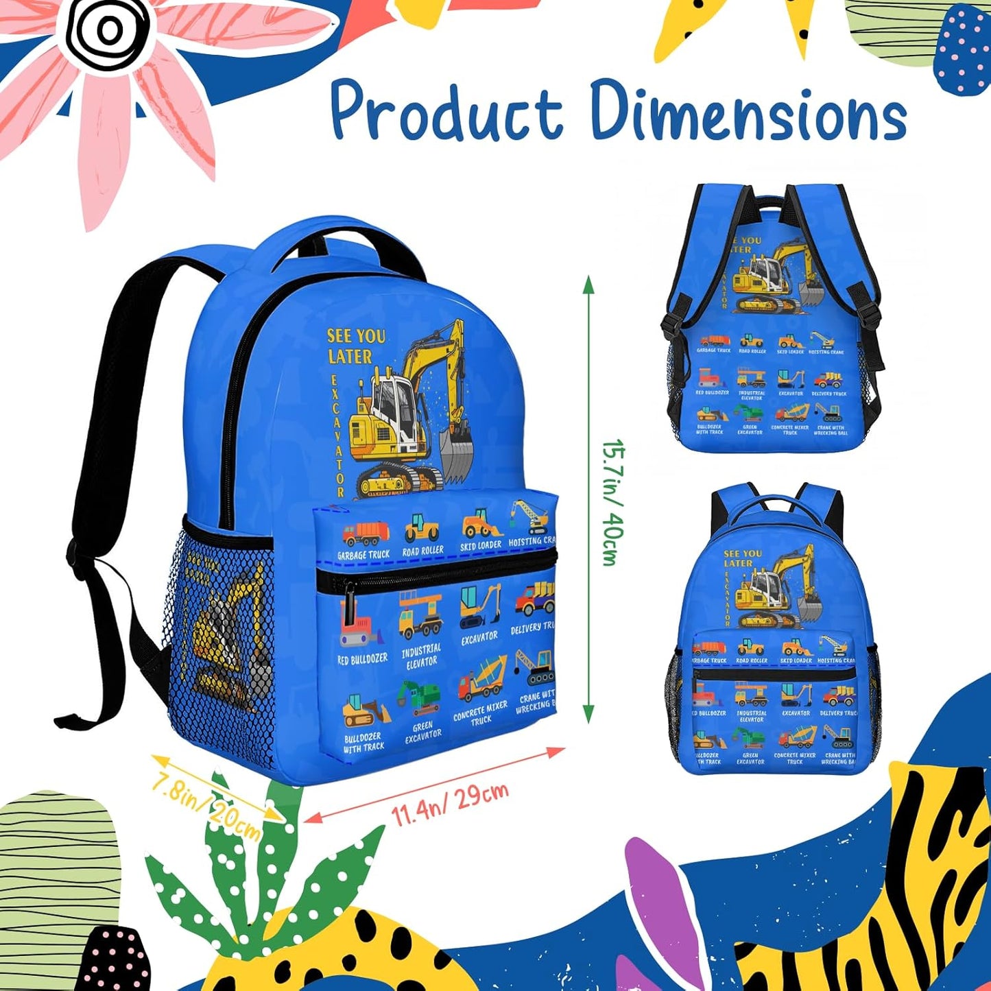 Excavator Kids Backpack for Boys Girls Elementary Schoolbag Kindergarten Bookbags Preschool School Bag Toddler Book Bags Travel Bag Hiking Camping Rucksack Daypack for Students Back to School Gifts