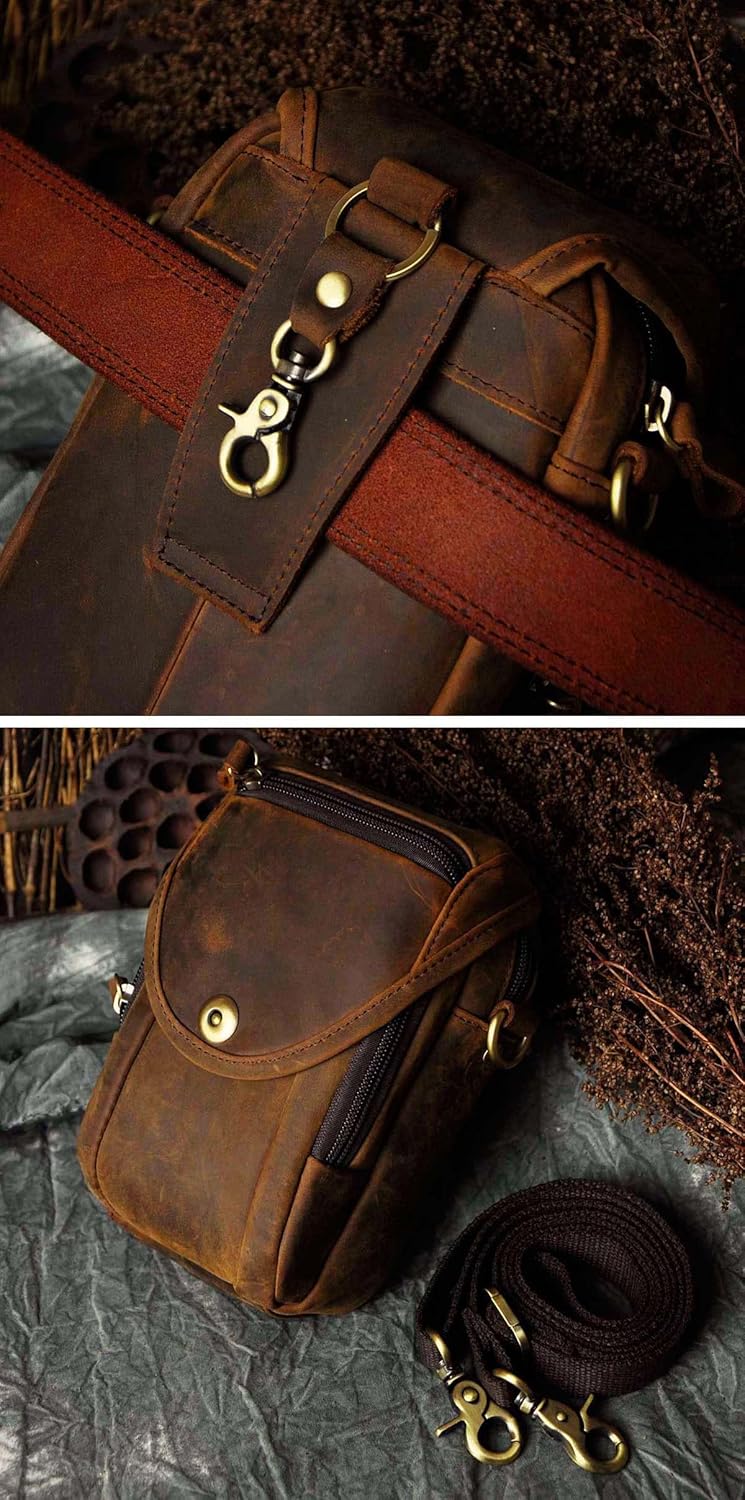 Le'aokuu Mens Original Leather Designer Casual Small Messenger Shoulder Bag Fashion Waist Belt Bag Pack Cigarette Phone Case