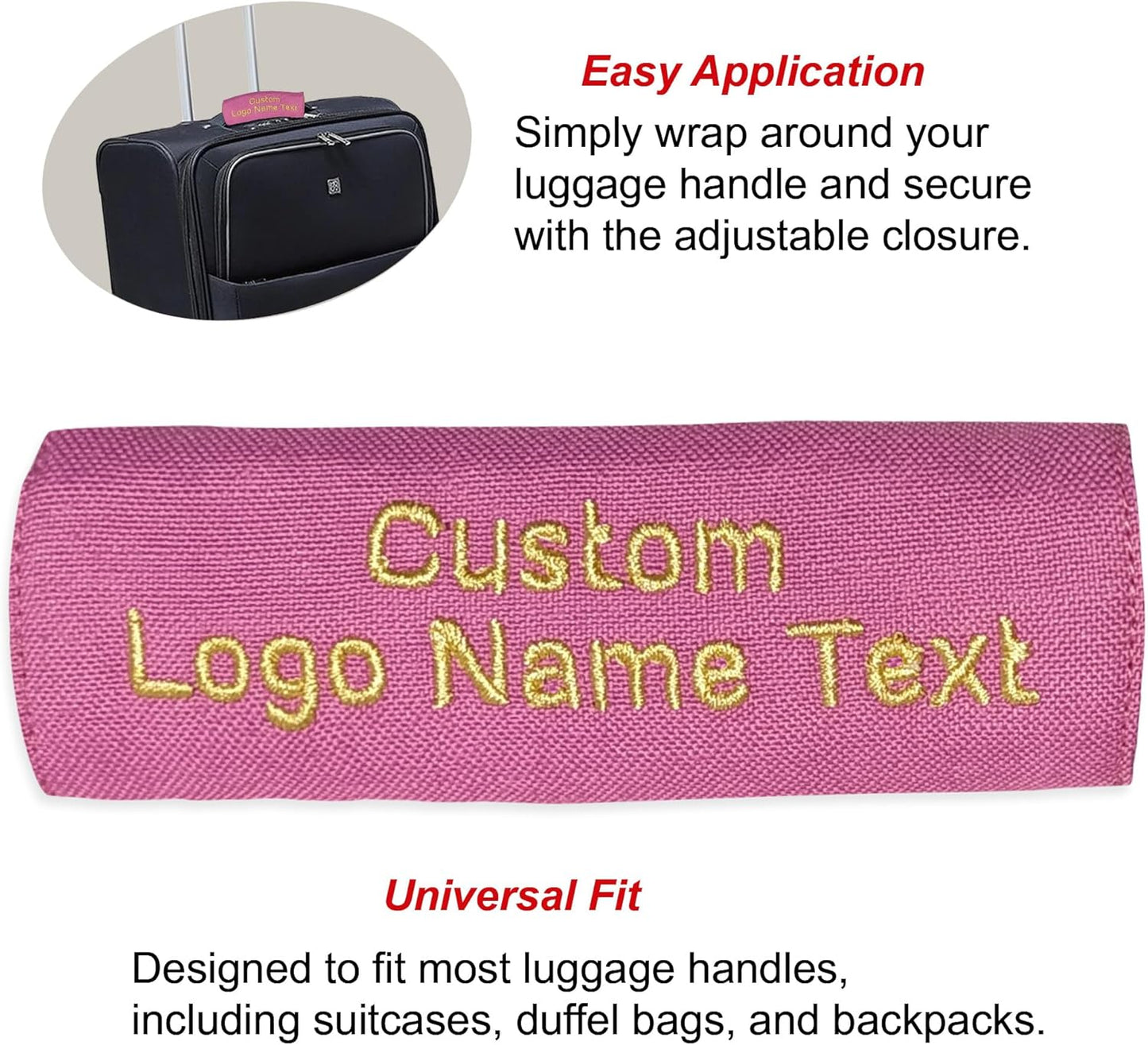 Personalized Luggage Handle Wrap Finder | Custom Embroidered Icon Monograms or Short Text ID Tag | Cover Identifier Marker for Suitcase or Bag | Grips Accessories for Travel by ACORD EU (Pink)