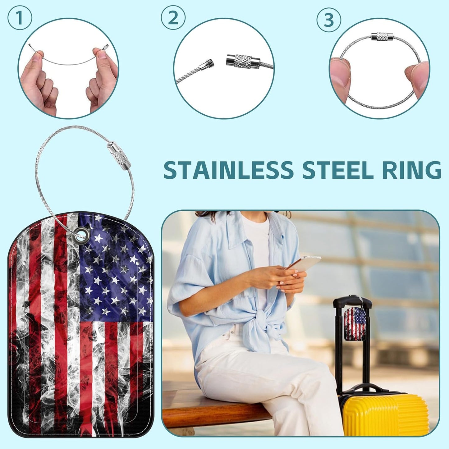 2 Pack Cute Luggage Tag for Suitcases American Flag Leather Luggage Tags with Stainless Steel Loop Privacy Flap Name Tags,Men and Women Travel Bag Suitcase Tags