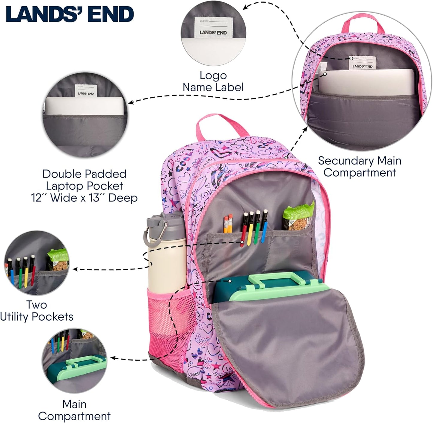 Lands' End Unisex Kids Large ClassMate Lightweight Durable Elementary School Backpack, Fuchsia Pink