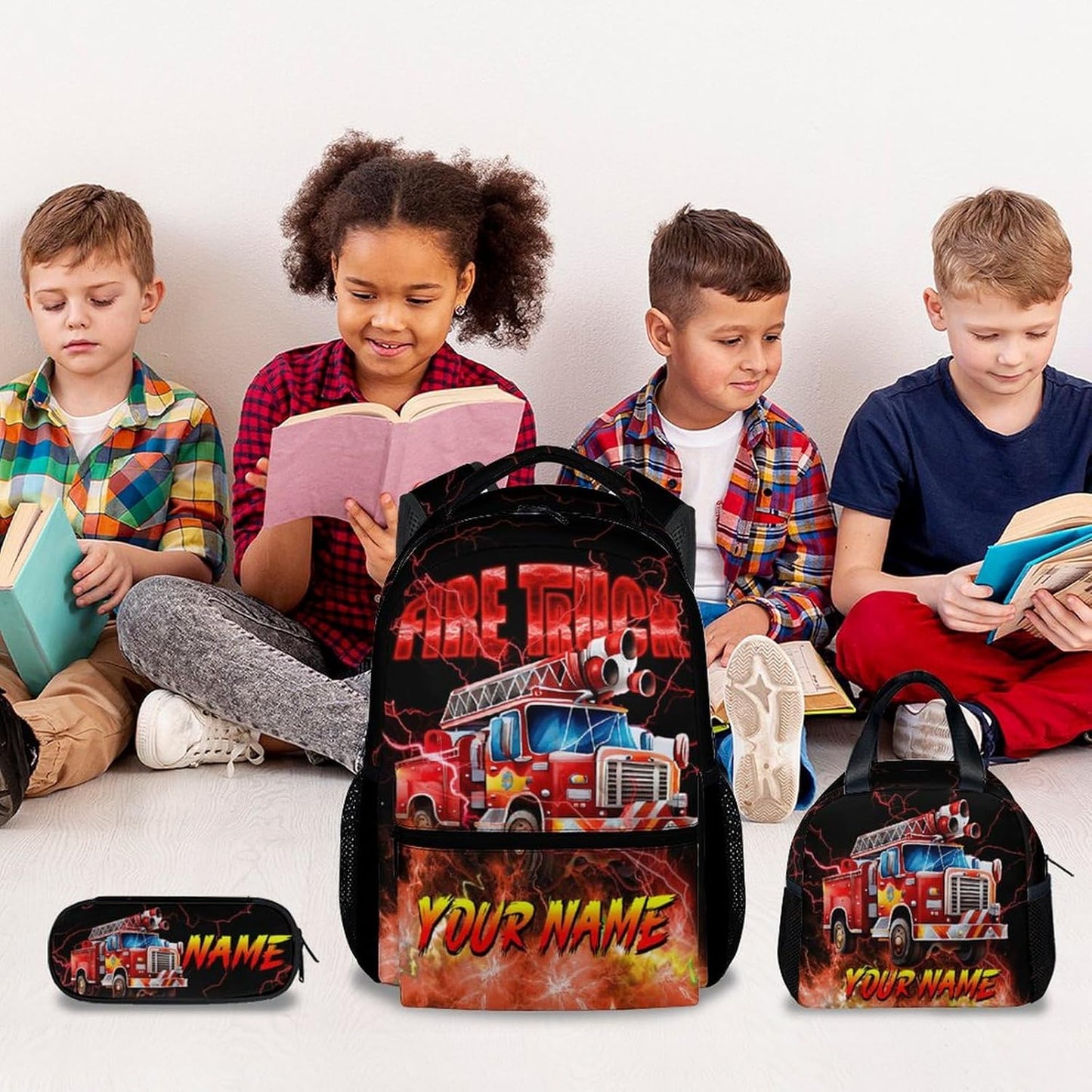 Personalized Backpack with Lunch Box, Custom Boys Bookbag for Ages 6-8, Fire Truck Backpack for School, 17 Inch Preschool Elementary Book Bag