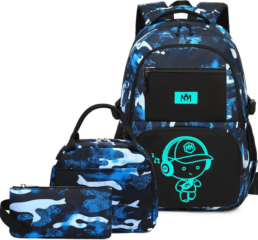 Bluboon School Backpack for Boys Teens Bookbag Travel Daypack Kids Girls Lunch Bag Pencil Case (Camo Blue-3pcs)