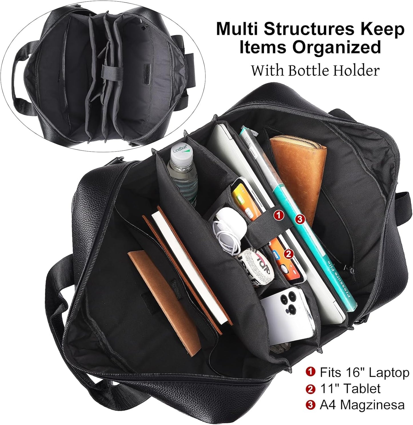 Masa Kawa Men’s Leather Briefcase for 16" Laptop Waterproof Crossbody Shoulder Messenger Bag Computer Attache Case for Business Travel Work, Black