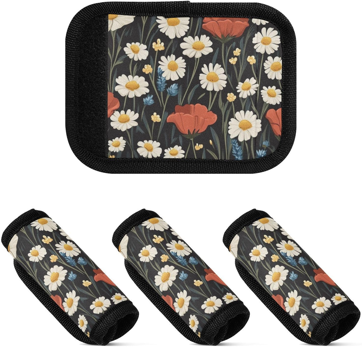 Poppy and Daisy Flowers Black 4 Pack Luggage Handle Wraps Covers for Suitcase Identifiers Bag Tags Travel Accessories