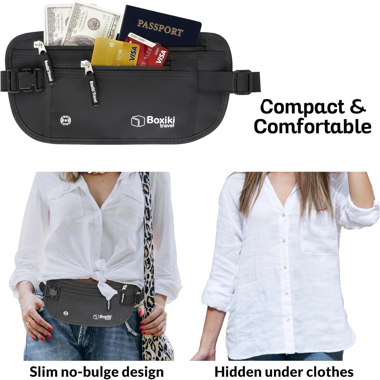 Boxiki Travel Money Belt with RFID Sleeves Set - Secure Travel Pouch and RFID Card Holder to Protect Cash, Credit Cards and Travel Documents for Men and Women